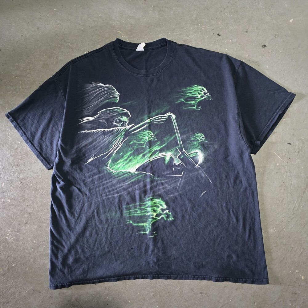 Grim Reaper T-Shirt Men's 2XL Black Tee Y2K Gothic Biker Grunge Motorcycle VTG
